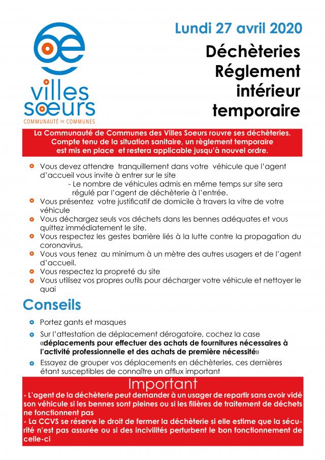 Règlement Interieur Temporaire Decheterie 27 Avril 2020
